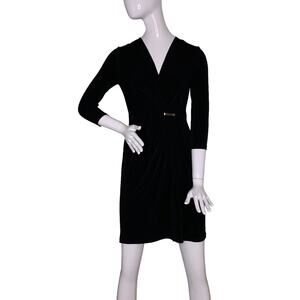 Charter Club NWT Women Dress Black Petite S Pullover Faux Overlap 3/4 sl…